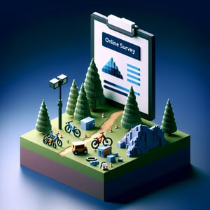 3D voxel art of a mountain bike with survey checkboxes, set against a dark blue background.