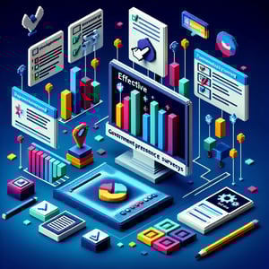 3D voxel art depicting online surveys on dark blue background, symbolizing government presence surveys.