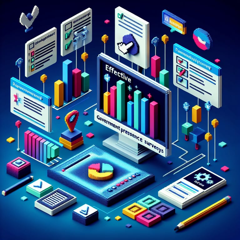 3D voxel art depicting online surveys on dark blue background, symbolizing government presence surveys.