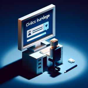 3D voxel art depicting the concept of online Annenberg Civics Knowledge Surveys on a dark blue background.