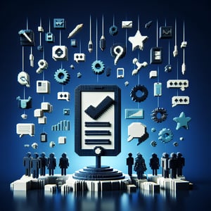 3D voxel art depicting online survey concept on a dark blue background for all staff meeting surveys.