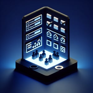 3D voxel art depicting online learning style survey process on a dark blue background.