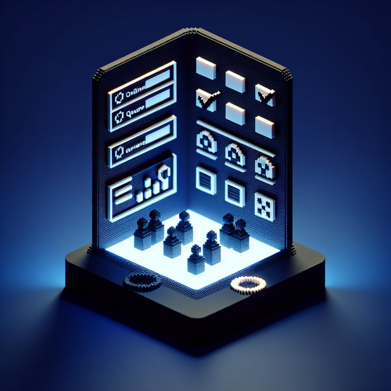 3D voxel art depicting online learning style survey process on a dark blue background.