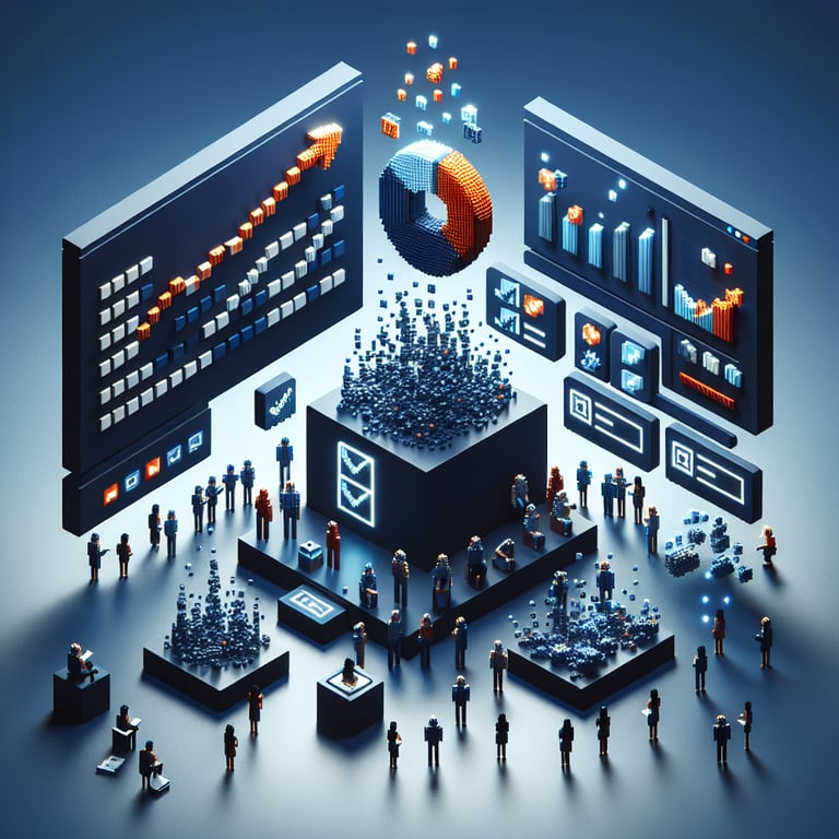 3D voxel art depicting online surveys for a post bank of project management course, on a dark blue background.