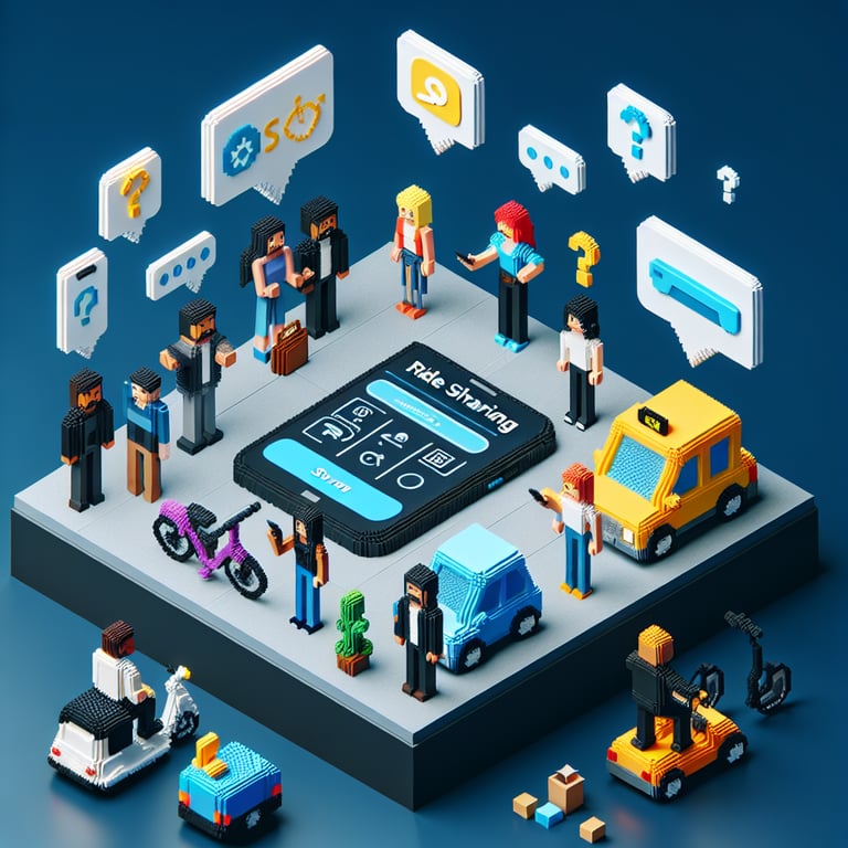 3D voxel art depicting concept of ride sharing surveys with a dark blue background.