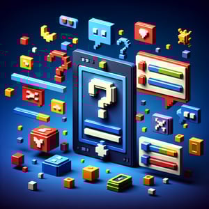 3D voxel art depicting the concept of online event surveys, set against a dark blue background.