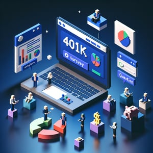 3D voxel art depicting online surveys concept on a dark blue background, related to 401k for employees.