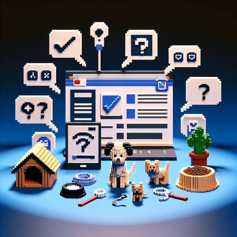 3D voxel art depicting online dog ownership surveys on a dark blue background.