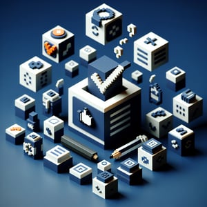 3D voxel art depicting online surveys, with a dark blue background, symbolizing post-presentation feedback.