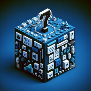 3D voxel art depicting the concept of online surveys, featuring dark blue background.
