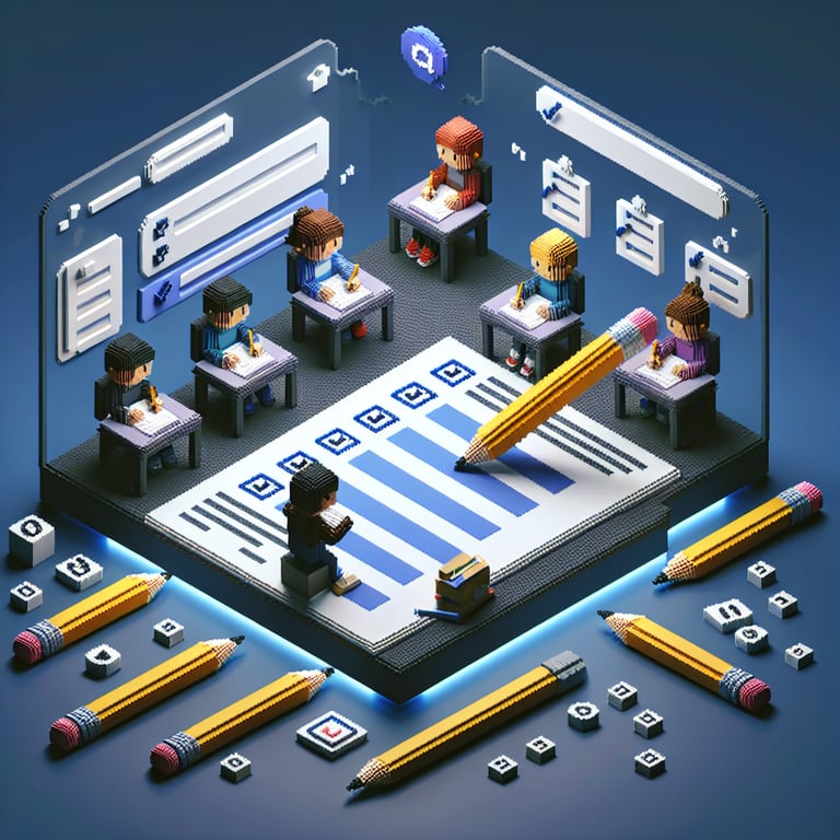 Artistic 3D voxel art showing survey question review in a third grade classroom, playful icons, dark blue backdrop.