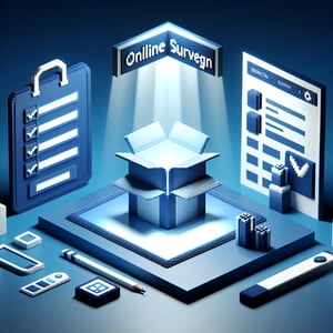 3D voxel art depicting online surveys, symbolizing package design survey questions on a dark blue background.