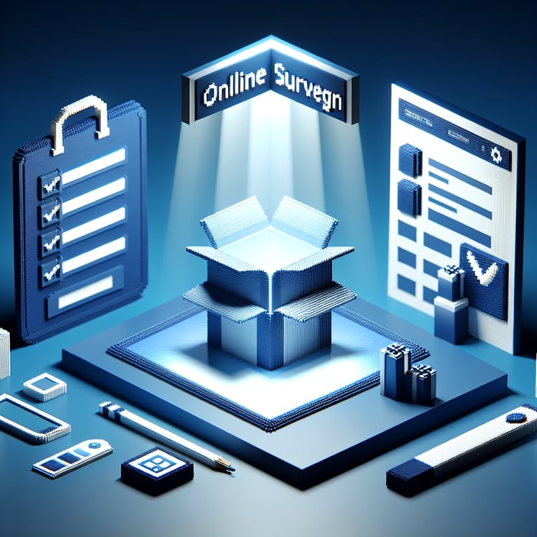 3D voxel art depicting online surveys, symbolizing package design survey questions on a dark blue background.