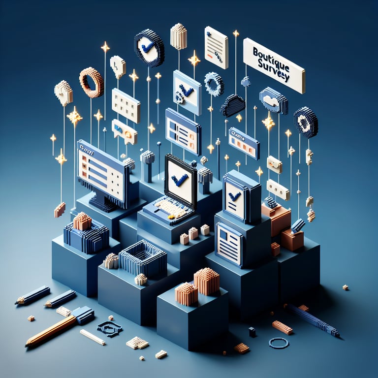 3D voxel art depicting online boutique surveys on a dark blue background.