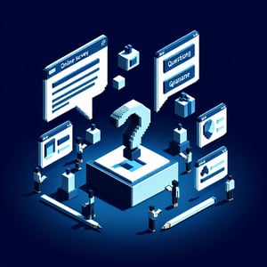 3D voxel art depicting online technology use surveys with a dark blue background.