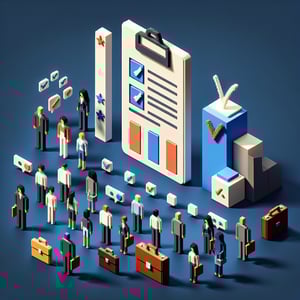 3D voxel art depicting online civic engagement surveys on a dark blue background.