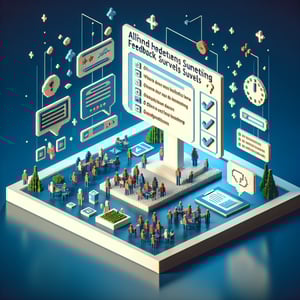 3D voxel art depicting online survey concept on a dark blue background for all hands meeting feedback.