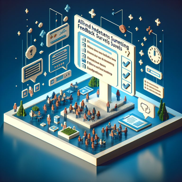 Artistic 3D voxel art of a collaborative all-hands meeting feedback survey