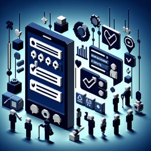 3D voxel art depicting online relationship management surveys on a dark blue background.