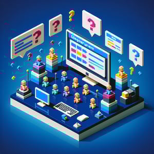 3D voxel art depicting online surveys on designer babies with a dark blue background.