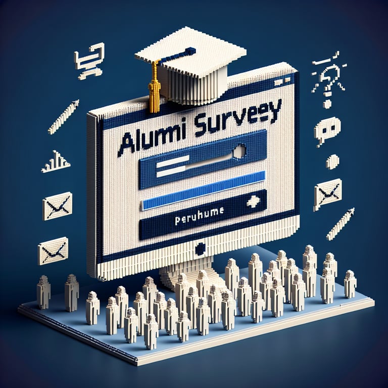 3D voxel art depicting online alumni surveys with a dark blue background.