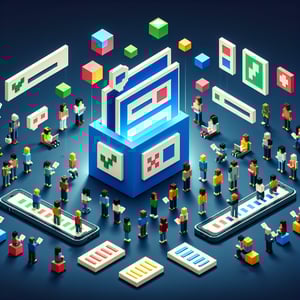 3D voxel art depicting online surveys and questions on a dark blue background.