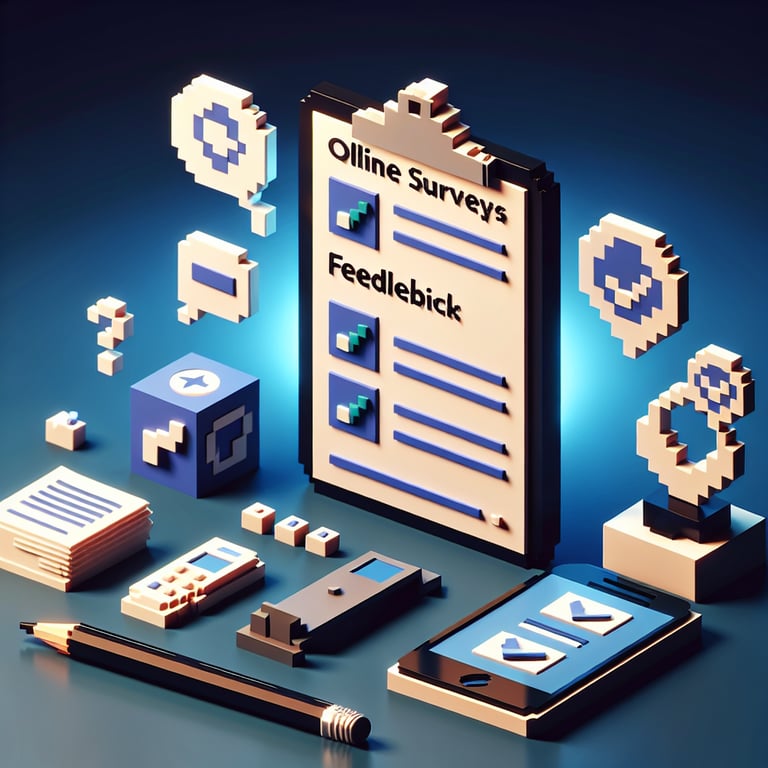 3D voxel art depicting online surveys with dark blue background, symbolizing client feedback surveys.
