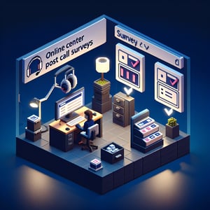 3D voxel art depicting online surveys, symbolizing post-call survey questions in a call center.