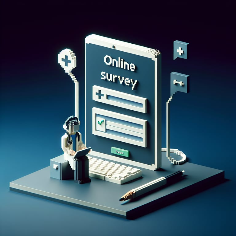 3D voxel art depicting online doctor feedback survey concept on a dark blue background.