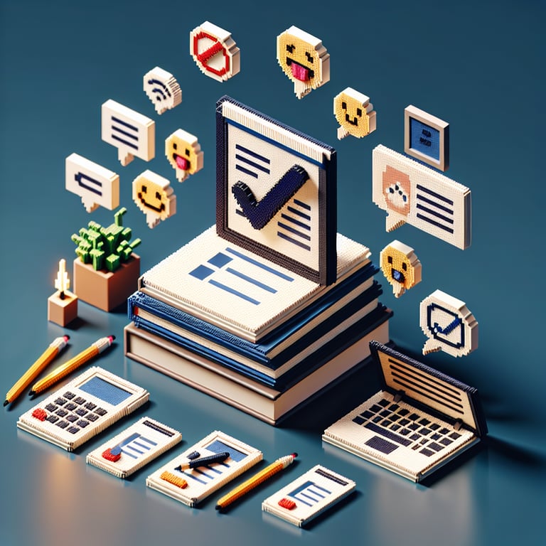 3D voxel art depicting the concept of engaging online post course surveys on a dark blue background.