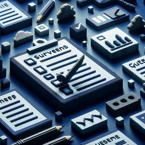3D voxel art illustrating the concept of lean business model verification through online surveys.