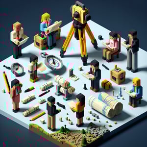 3D voxel art depicting online land survey interview process on a dark blue background.