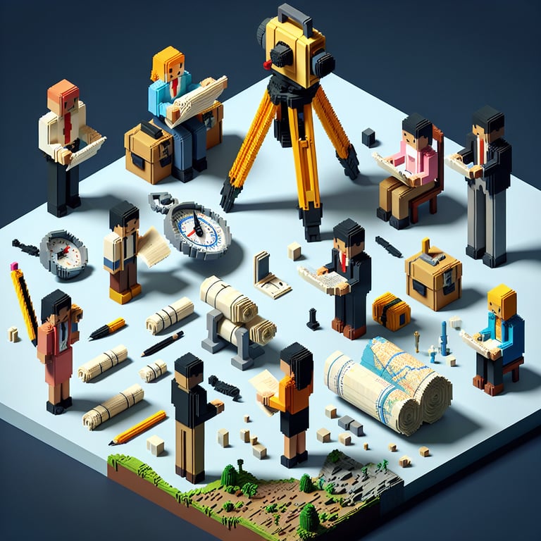 3D voxel art depicting online land survey interview process on a dark blue background.