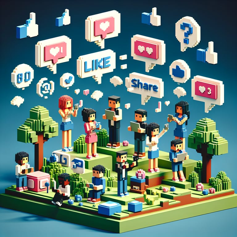 3D voxel composition of colorful speech bubbles representing social media survey themes