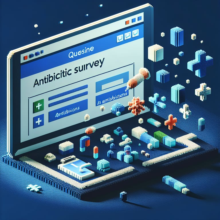 3D voxel art depicting online antibiotic survey process on a dark blue background.