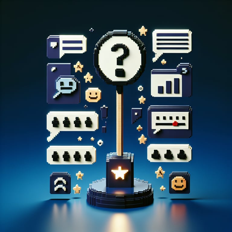 3D voxel art depicting online customer satisfaction surveys with a dark blue background.