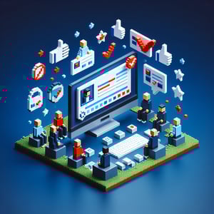 3D voxel art depicting online product evaluation survey process on a dark blue background.