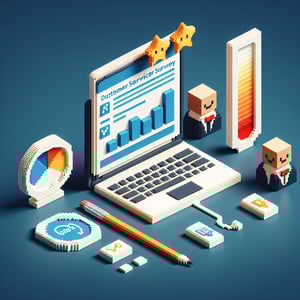 3D voxel art depicting online customer service surveys on a dark blue background.