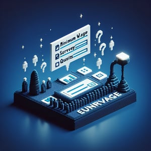 3D voxel art depicting online minimum wage survey concept on a dark blue background.