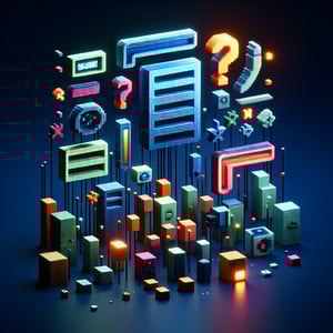 3D voxel art depicting online surveys concept on a dark blue background for open data survey page.