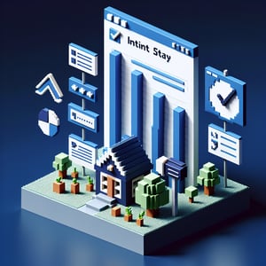 3D voxel art depicting online surveys, symbolizing intent to stay survey questions on a blue background.