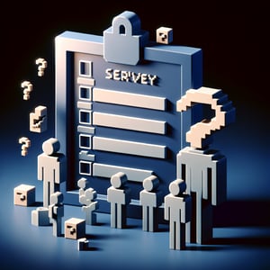 3D voxel art depicting online employee health surveys on a dark blue background.
