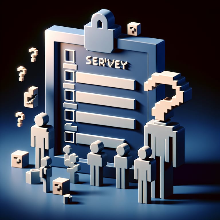 3D voxel art depicting online employee health surveys on a dark blue background.