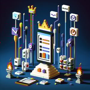 3D voxel art depicting online leadership survey concept on a dark blue background.