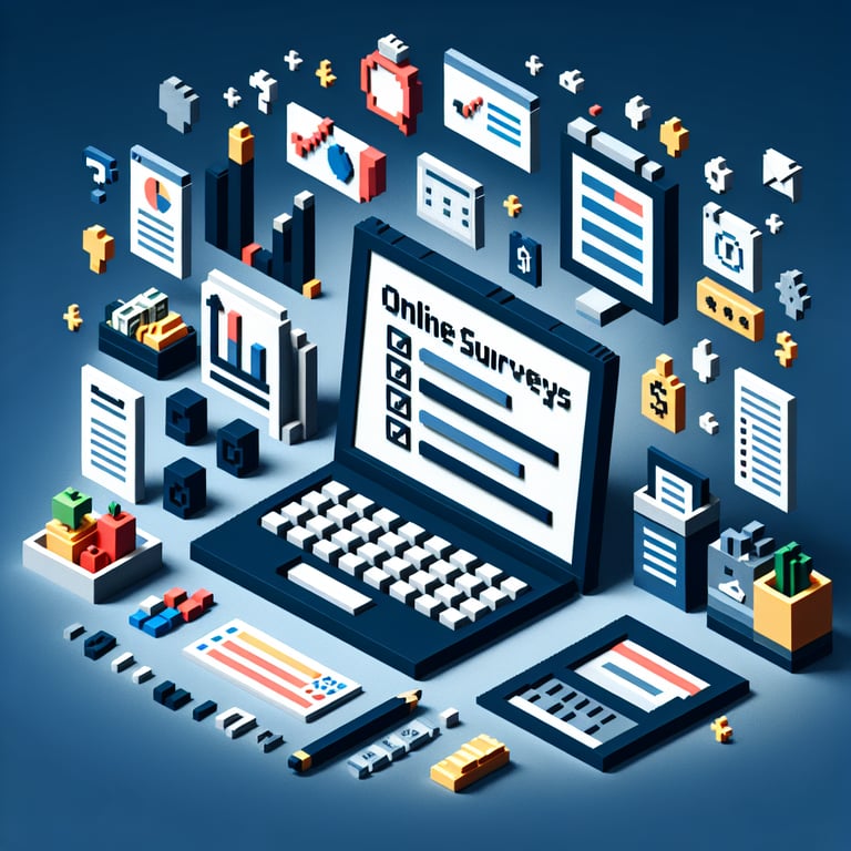 3D voxel art depicting online home economics surveys on a dark blue background.