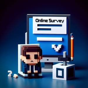 3D voxel art depicting the concept of flawed online political surveys on a dark blue background.