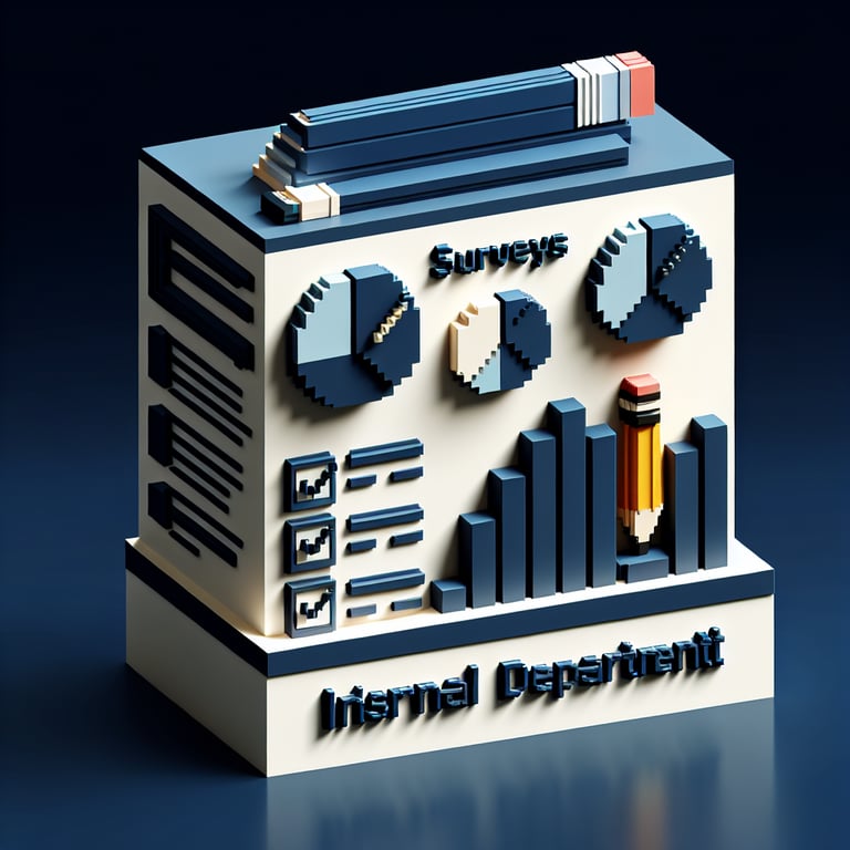 3D voxel art depicting online survey process, set against a dark blue background, for internal department use.