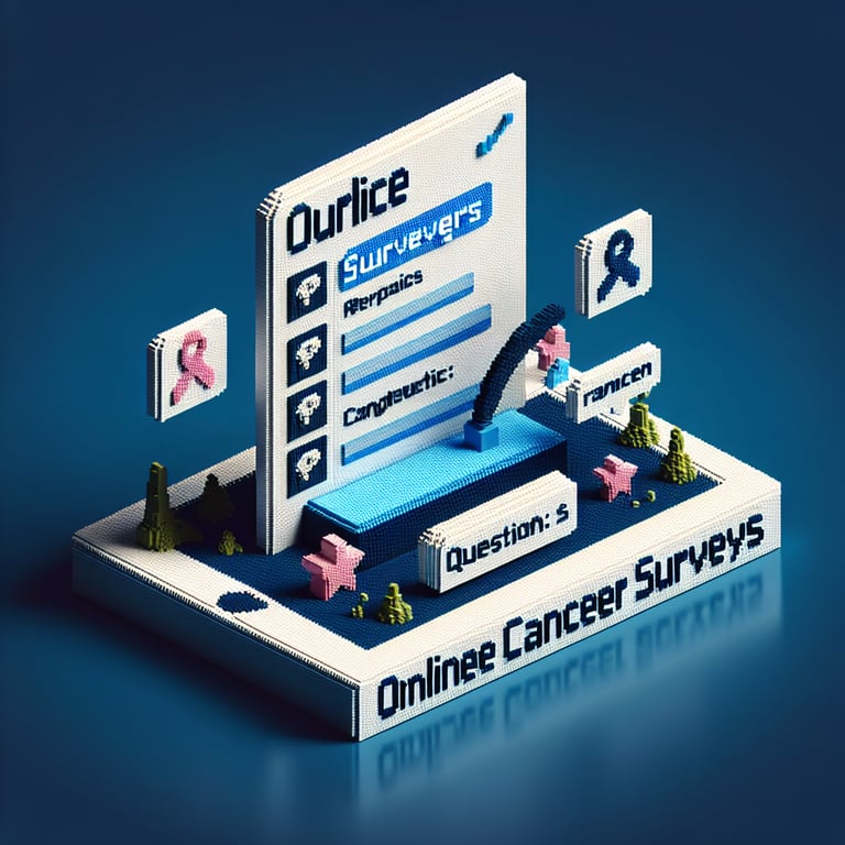 3D voxel art of a computer with survey icons, symbolizing online cancer survey questions.