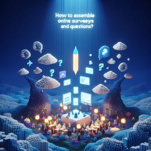 3D voxel art depicting online survey creation with focus on self-mutilation topics, set against a dark blue background.