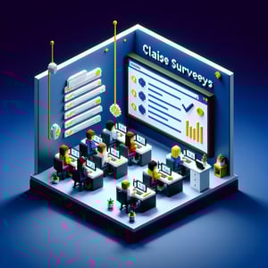 3D voxel art depicting online class survey questions against a dark blue background.